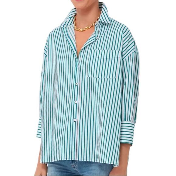 Tuckernuck Pomander Place White Green Striped Adair Boyfriend Shirt New Small - Picture 1 of 12